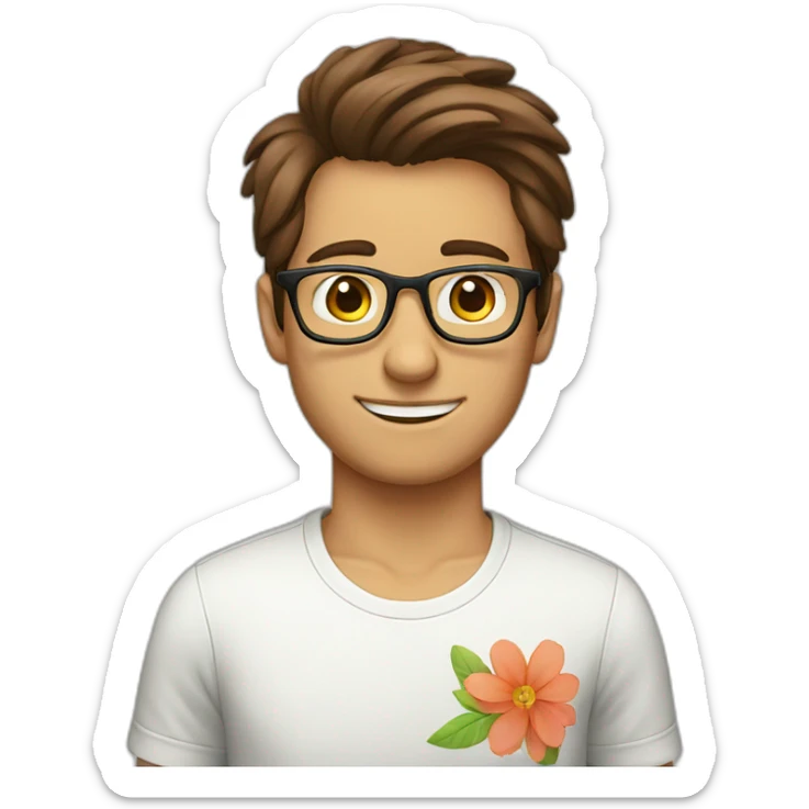 brown hair up guy wearing glasses and t-shirt with flower print sticker
