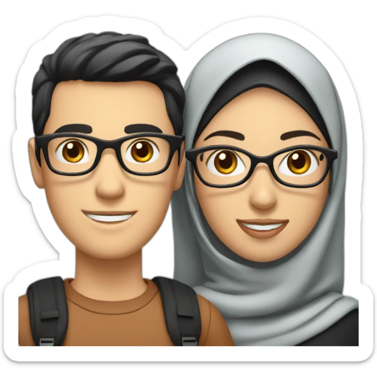 young white man with black hair and glasses and woman with hijab, both with backpack for holiday trip sticker