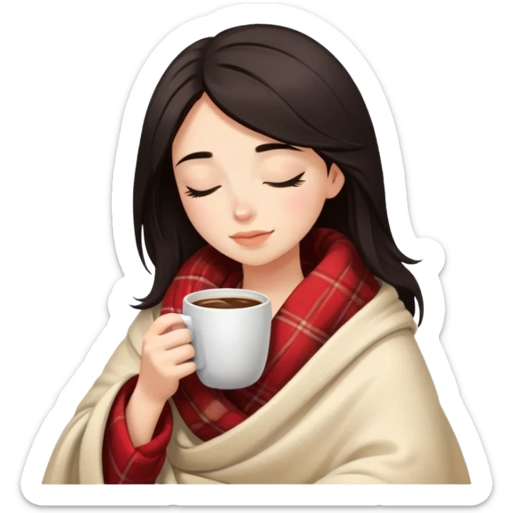 Girl with dark hair snuggled in warm blanket enjoying coffee with peaceful closed eyes sticker
