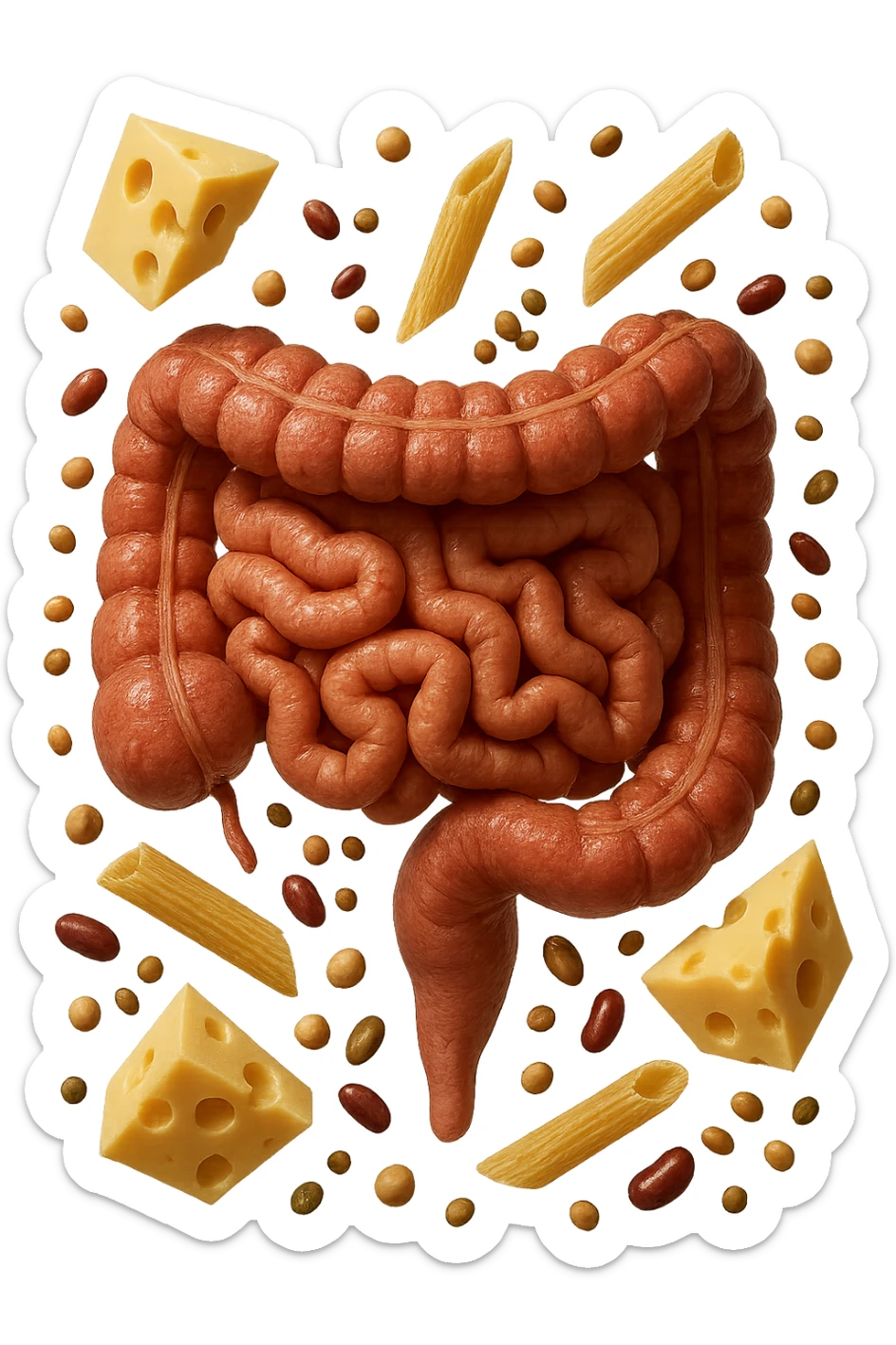 PEZZETTI DI EMMENTAL, PENNE DI PASTA RIGATE E LEGUMI FLUTTUANO INTORNO AD UN INTESTINO UMANO ANATOMICO REALISTICO, iperrealistico 4k sticker