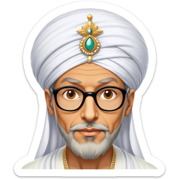 Jeff Goldblum no glasses as a regal portrait dressed as suleiman-the-magnificent,-depicted-as-a-regal-ottoman-sultan-adorned-with-a-large,-white,-round,-tall-turban-and-a-majestic-grey-beard,-his-commanding-gaze-bathed-in-warm,-historic-lighting-that-exudes-timel sticker