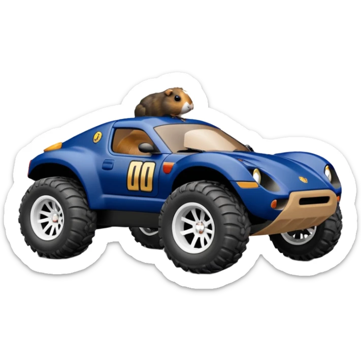 Side view of Midnight blue Local Motors Rally Fighter off road rc car driven by a Guinea pig  sticker