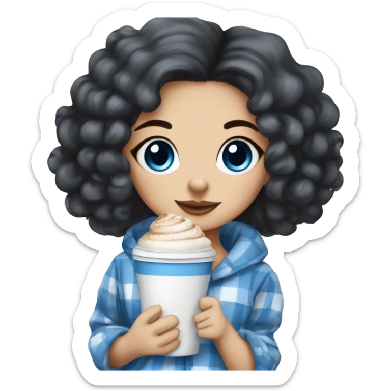 very beautiful girl with blue eyes dark hair in blue checked pajama with maltipoo and cappucino  sticker