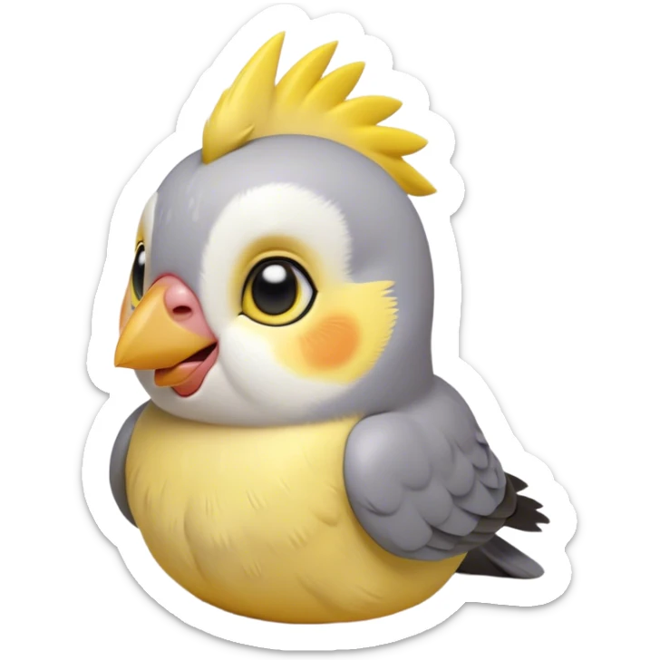 Cinematic Cute Cockatiel Portrait Emoji, Head tilted playfully and inquisitively, featuring a smooth grey fur with bright yellow accents and a perky crest, round, sparkling dark eyes filled with curiosity, Simplified yet irresistibly adorable features, highly detailed, glowing with a warm, friendly glow, high shine, affectionate and lively, stylized with a touch of whimsy, bright and endearing, soft glowing outline, capturing the essence of a mischievous yet loving cockatiel, so playful it feels like it could chirp out of the screen and into your arms! sticker