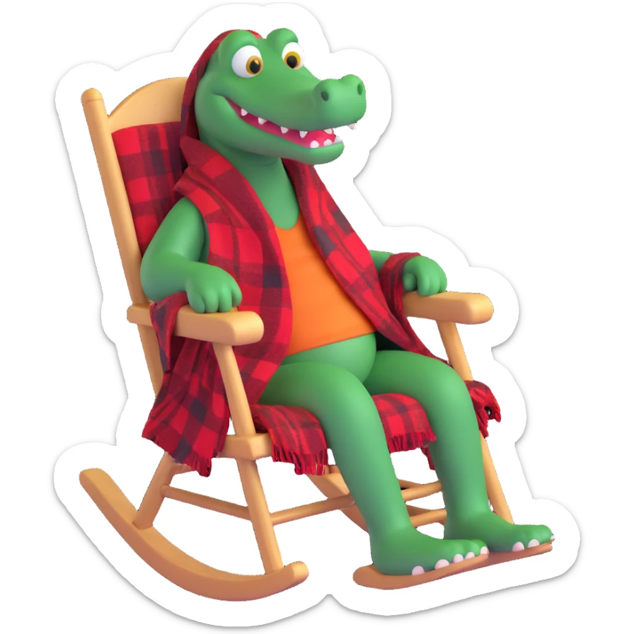 a grandpa alligator, sitting in a rocking chair, with a cozy blanket and slippers sticker