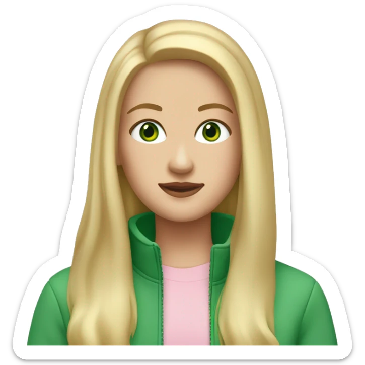 white girl with green eyes and long blonde hair with a light pink quarter zip up jacket sticker