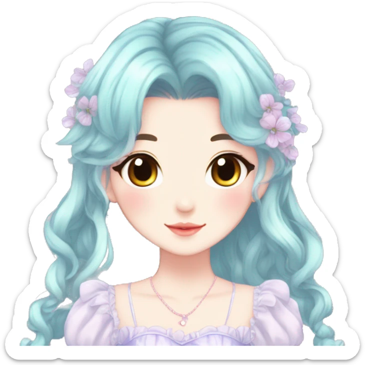 Cute kawaii gorgeous pretty anime pastel lady beautiful hair with gorgeous dress fairycore cottagecore detailed high quality trending aesthetic sticker