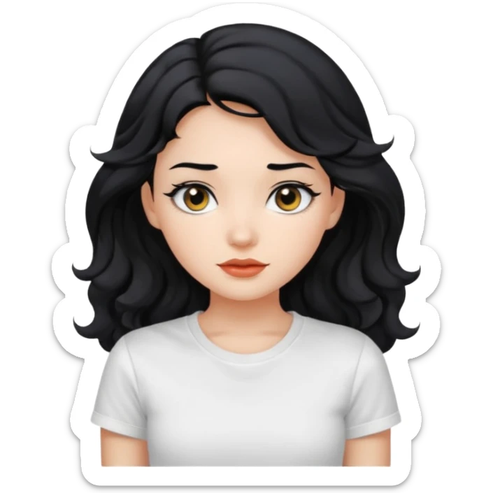 Beautiful girl,Black hair,wavy hair long hair,Black eyes, white T-shirt sticker