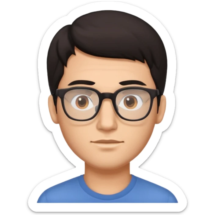 a dark-haired guy with hair to his earlobes, square glasses, brown eyes sticker