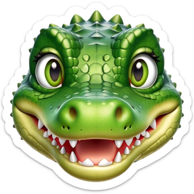Cinematic Realistic Cute Crocodile Portrait Emoji, Head tilted playfully and inquisitively, featuring a robust, well-defined build with intricately detailed, glossy olive-green scales and a surprisingly endearing face with round, sparkling eyes full of unexpected charm, rendered with lifelike texture and natural highlights, high shine, affectionate and spirited, styled with a touch of wild whimsy, soft glowing outline, capturing the essence of a mischievous yet lovable crocodile that seems poised to snap playfully out of the screen into your arms! sticker