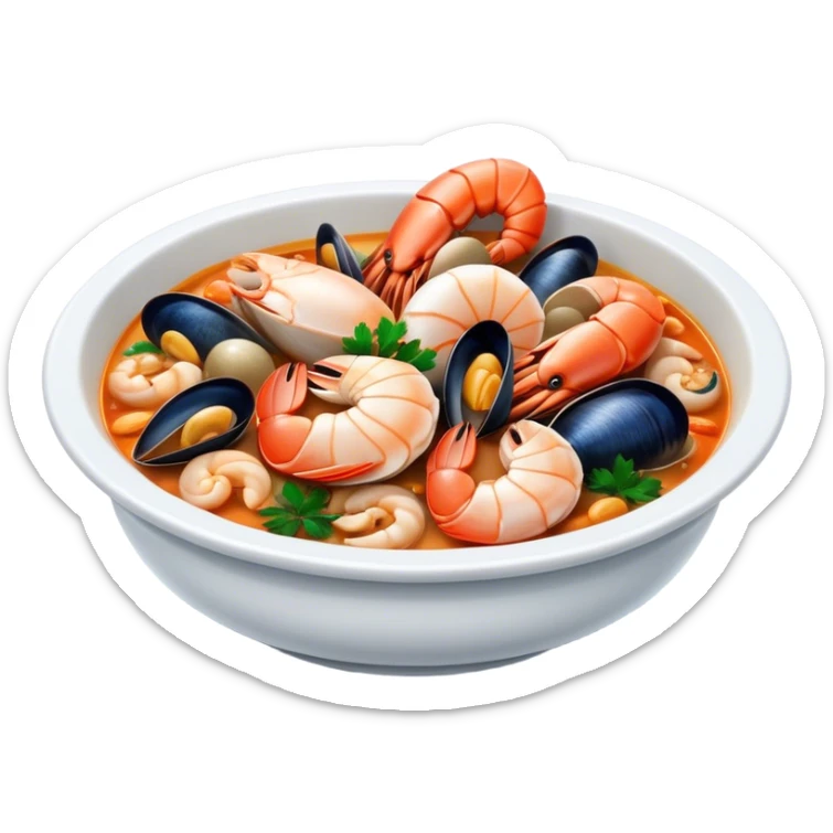 Cinematic Realistic Buzara Seafood Dish Emoji, depicted as a rustic, flavorful seafood stew with shellfish rendered with rich textures and dynamic, maritime lighting. sticker
