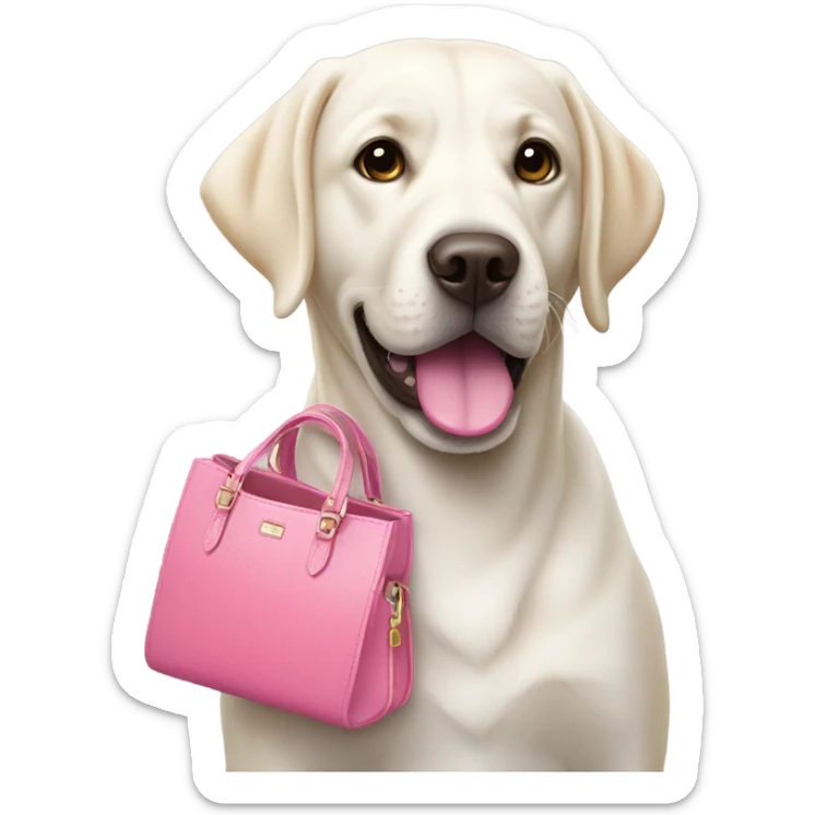 White Labrador holding the handle of a white and pink purse in her mouth  sticker