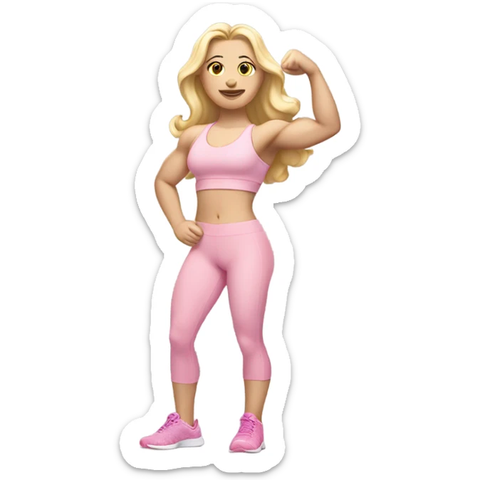 Woman, white skin, pale skin, long hair, blonde hair, wavy hair, baby pink sports bra, baby pink leggings, flexing one arm up sticker