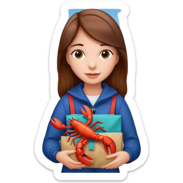 Cute girl brown hair at airport holding gift bag with lobster inside sticker