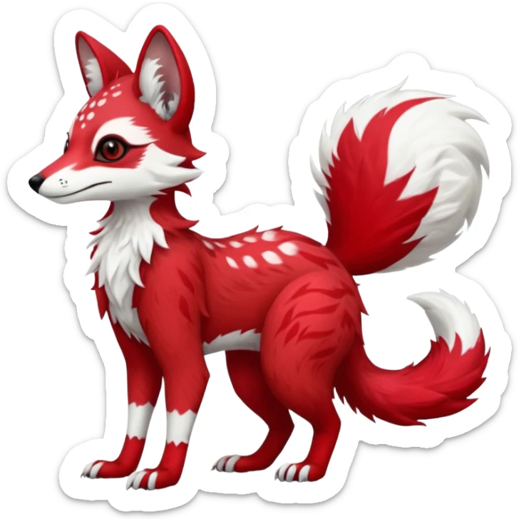 Feral Rare Fantasy   bright cherry-red fur with clean snow-white chest and muzzle Vernid-Sergal-Genet-Trico-species by LiLaiRa, random markings, tufted tail, tufted ears, full body sticker