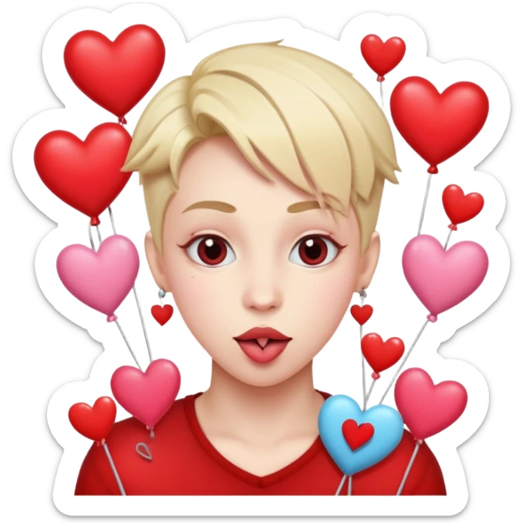 A cross eyed unisex with their tongue out far with Valentine’s Day decor/hearts around sticker