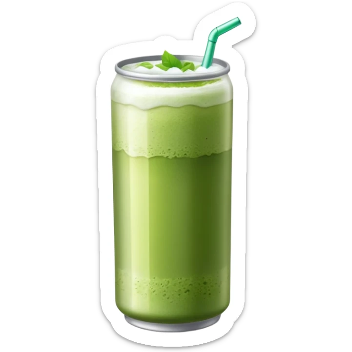 Create an emoji-style illustration of a tall, transparent can-shaped drink filled with iced matcha. The top is sealed with a silver metal pull-tab lid. The drink has a green matcha layer on top that gradually fades into a milky white layer at the bottom. The can is sleek and minimalist. sticker