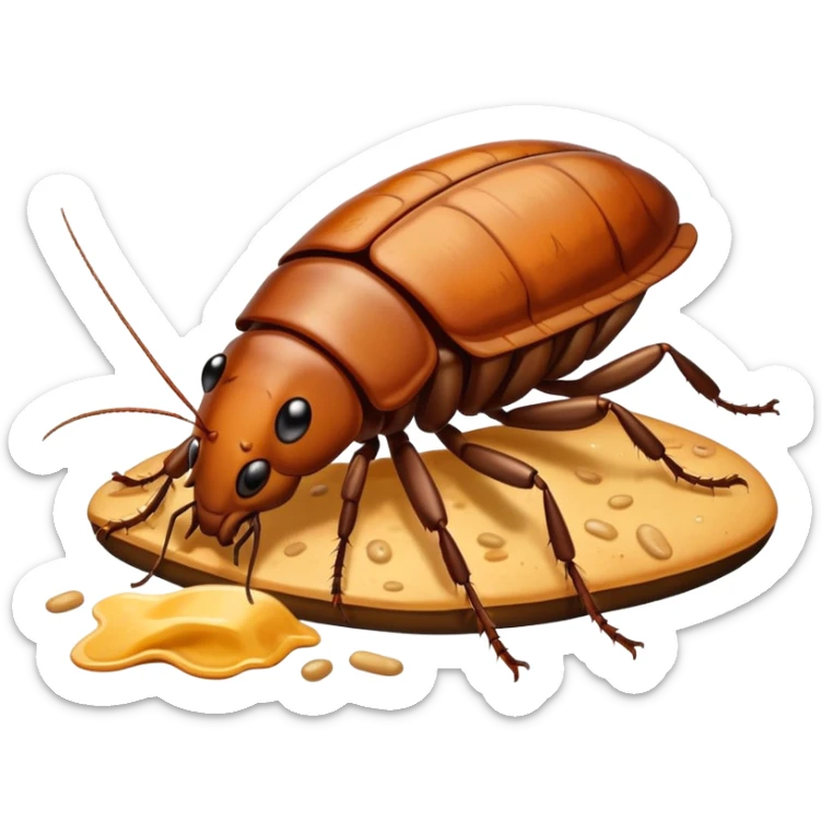 emoji-style icon of a cockroach crawling on spilled food, dirty and gross, clear at small size, no text sticker