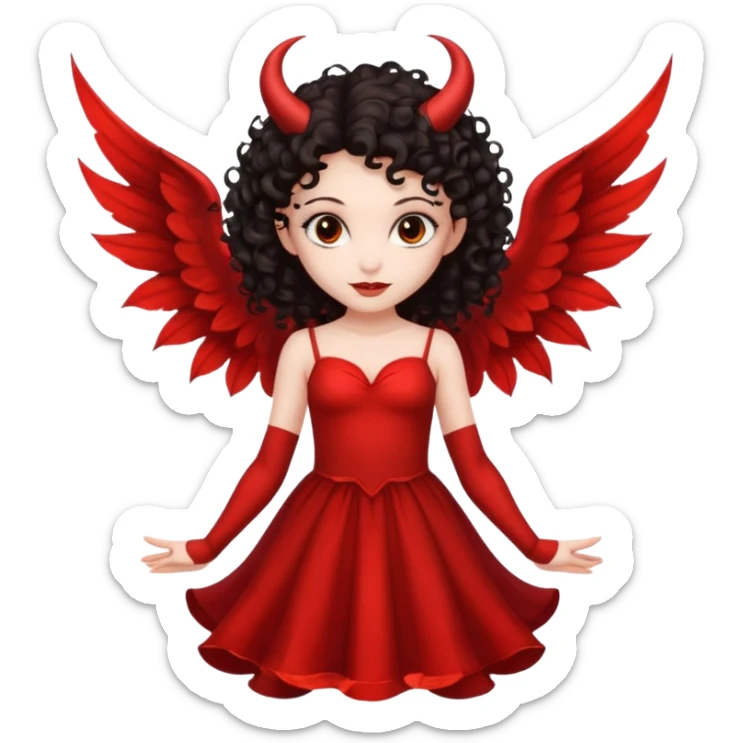 Pretty Long dark curly hair, slanty brown eyes, devil fairy with big wings and isolated dress sticker