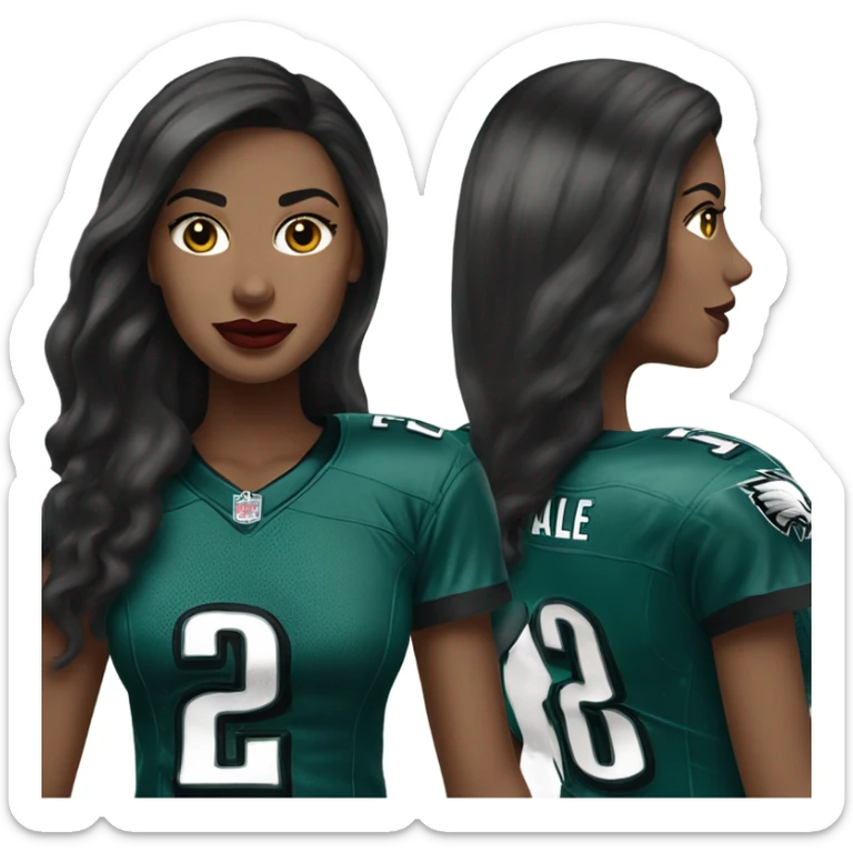 White female long dark hair red lips wearing Philadelphia Eagles jersey sticker