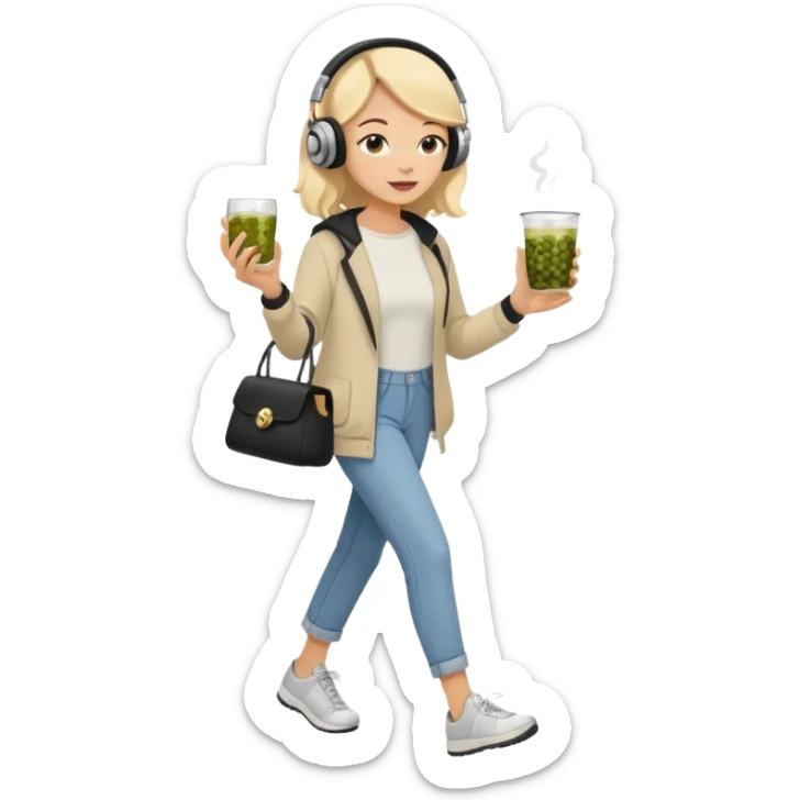 a young woman full length walks with headphones on with a caviar toast in one hand and herbal tea in the other hand sticker