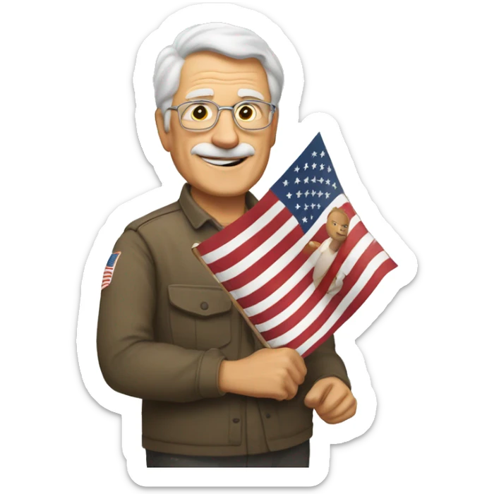 older man holding small american flag, waiving, brown hair and SENSOS written on wall behind him sticker