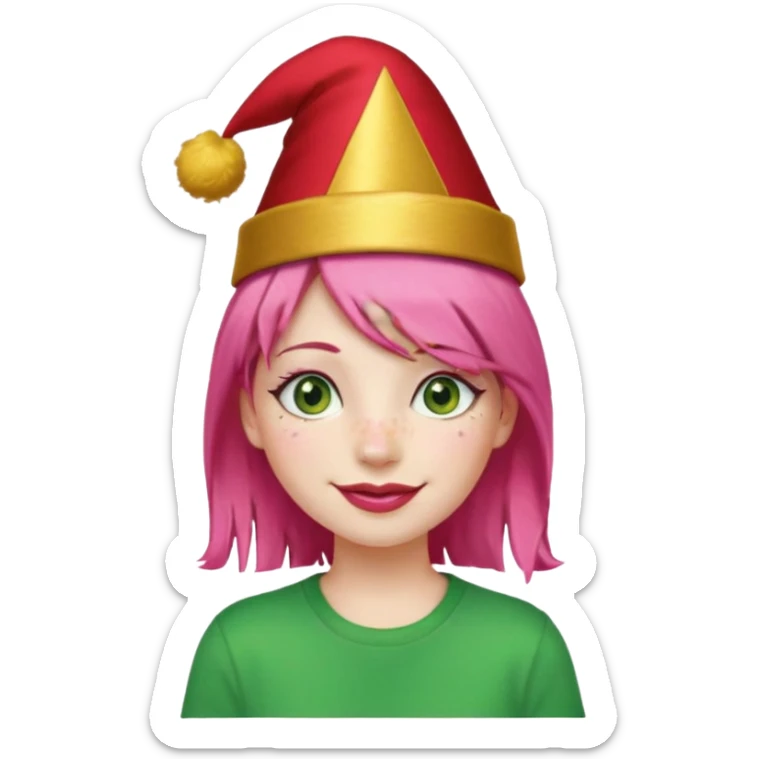 Create a girl with pink hair and green eyes with long eyelashes and a smiley face. She has freckles in her face and a lit of bit of lipstick on her mouth, she’s also got gold birthday hat on her head with gold pom poms on top of it, and her T-shirt is red sticker