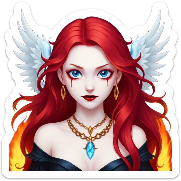 half body portrait of an extremely diabolical girl with pale white skin, massive towering wings, very long flowing blood red hair, glowing blue eyes, black hellfire aura, no horns, evil grin, gold necklace sticker