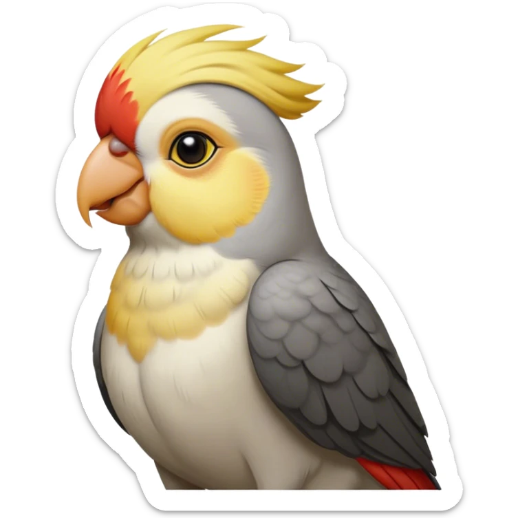 Cinematic Noble Cockatiel Portrait Emoji, Poised and regal, with a slender, delicate build and a beautifully groomed grey fur accented by vibrant yellow cheek patches and a graceful crest, deep-set soulful dark eyes, Simplified yet sharp and sophisticated features, highly detailed, glowing with a soft, dignified glow, high shine, intelligent and charming, stylized with an air of elegance, focused and attentive, soft glowing outline, capturing the essence of a watchful and confident avian companion, so majestic it feels as though it could flutter out of the screen with effortless authority! sticker