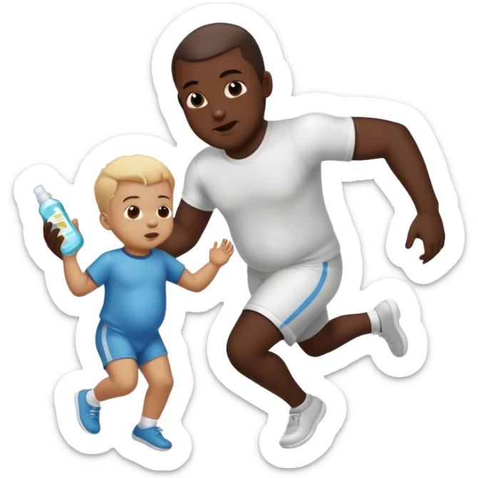 Little boy running from big black man who is holding baby oil sticker