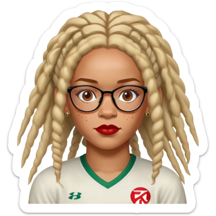 Rihanna freckles on nose and soccer woman blondish dreadlocks island red and white jersey and cateye eyeglasses sticker