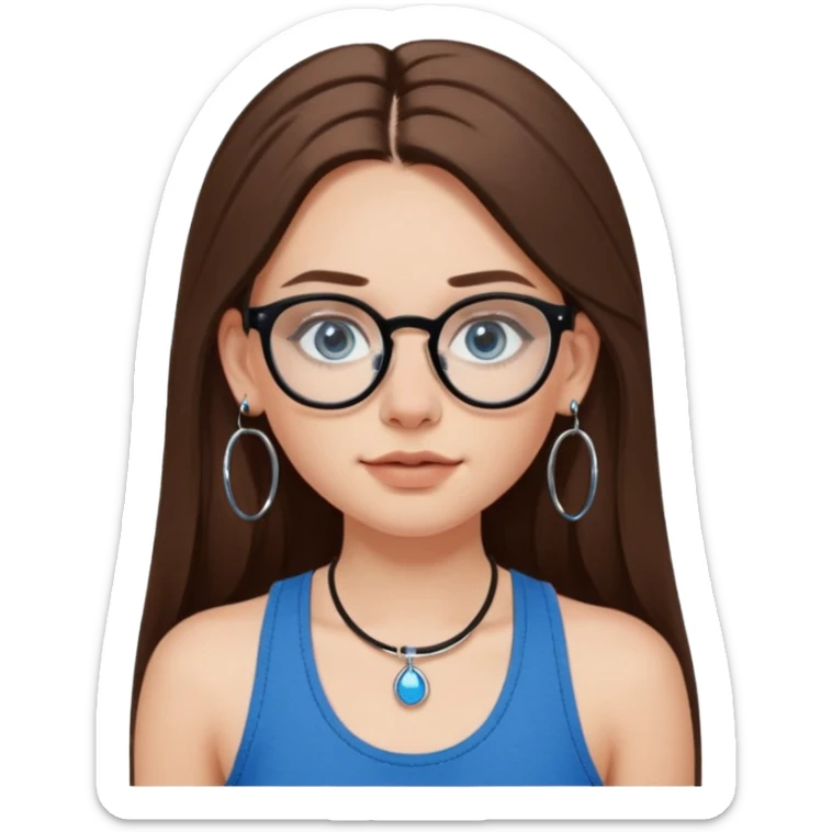 White girl with long brown hair, part going more to the RIGHT side, BLUE eyes, wearing BLACK plastic frame glasses. SEPTUM nose piercing hoop (at bottom of nose) AND stud nose piercing on right side of nose. Wearing BLACK tank top. Wearing big hoop earrings. NOOO necklace! sticker