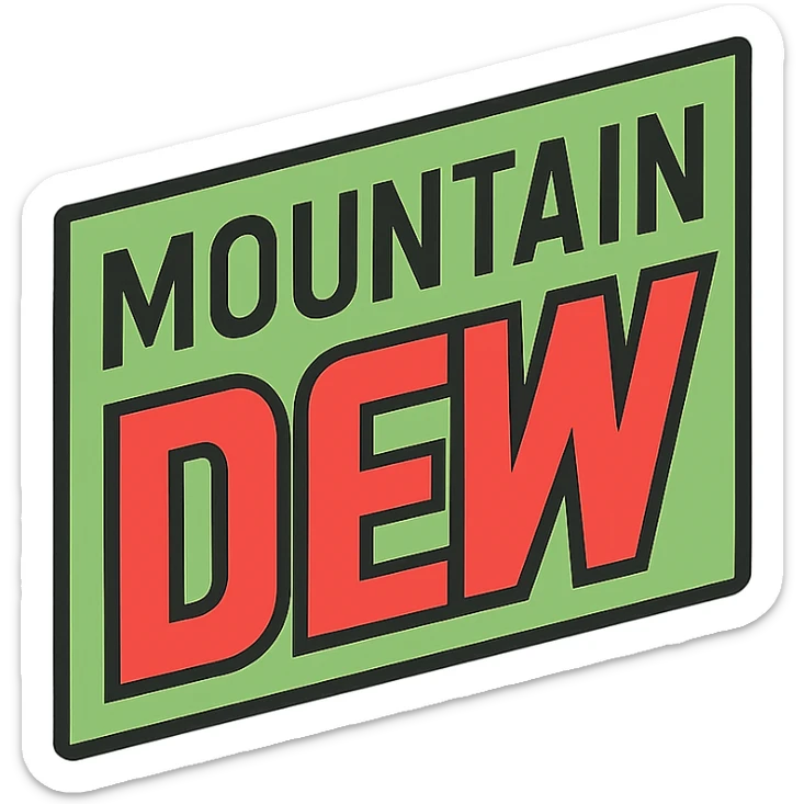 color outline icon of Mountain Dew logo, dynamic lines, green and red palette, energetic and modern look, simplified for icon use sticker