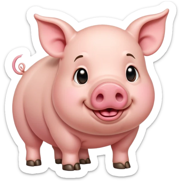 A cute and funny cartoon-style humped pig emoji with exaggerated features. The pig has a large round belly, short legs, a big pink snout with wide nostrils, curved tusks, and a friendly expression. Its back is slightly hunched, and it has a small tail with a fluffy end. The style is colorful and vibrant like a Disney or animated movie character. sticker