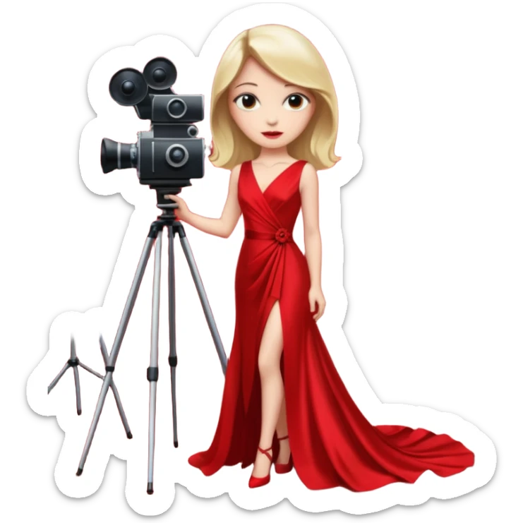 an actress standing on a red carpet with a formal dress, with only one movie camera on a tripod next to her. sticker