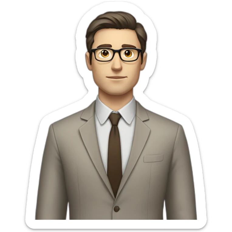 Full height Pale skinned fit man with dark brown hair in gray jacket, beige office shirt, brown tie, brown pants and vintage glasses. His right hand stretched out sticker