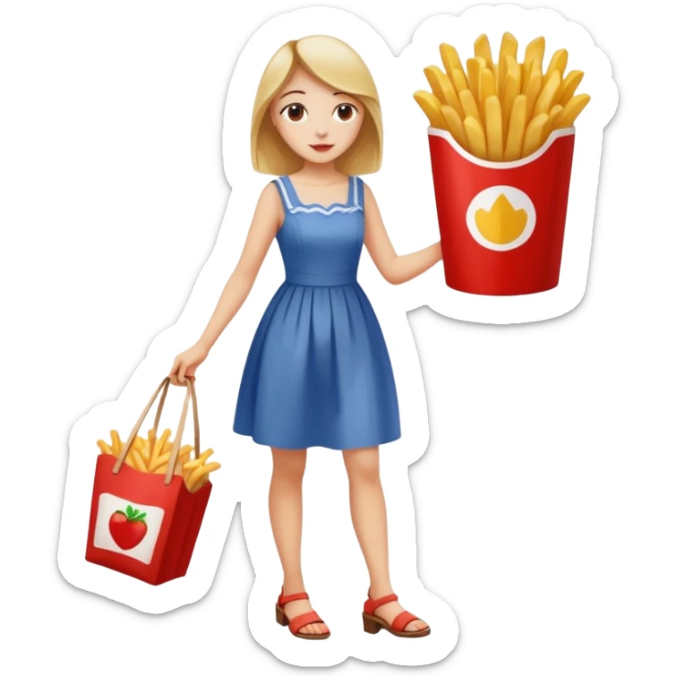 a young woman full length with cola in one hand and french fries in the other hand and a painting under her arm walking left sticker
