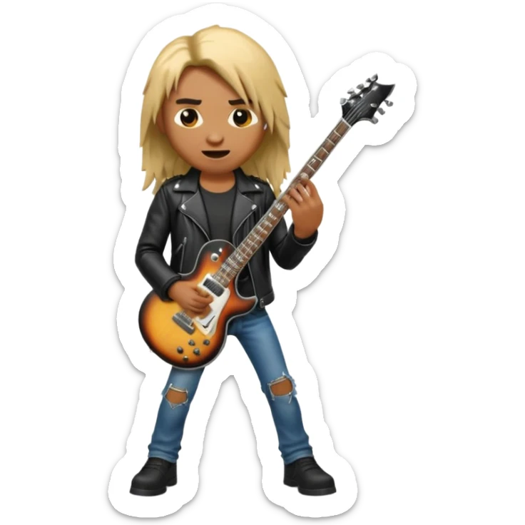 3D Apple-style emoji of a metal musician. Long hair, black leather jacket, ripped jeans, holding an electric guitar. Intense expression, glossy, rounded, smooth, soft shadows, white background.










 sticker
