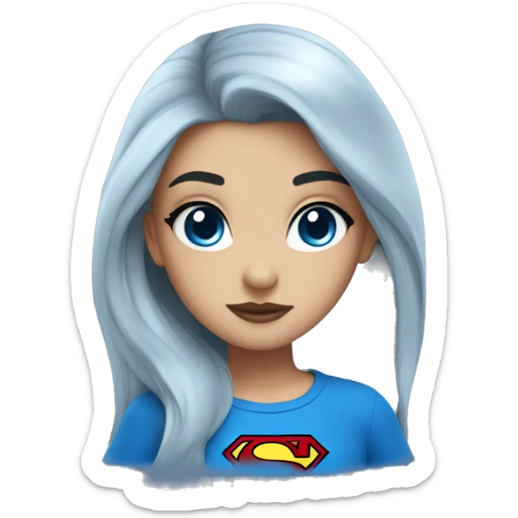 girl with black long hair and blue eyes dressed in blue tshirt with superman logo sticker