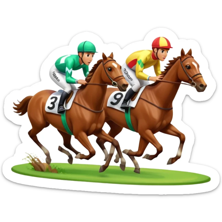 A 3D cartoon horse race scene with jockeys in motion, grassy track, bright daylight, Memoji-style rendering. sticker