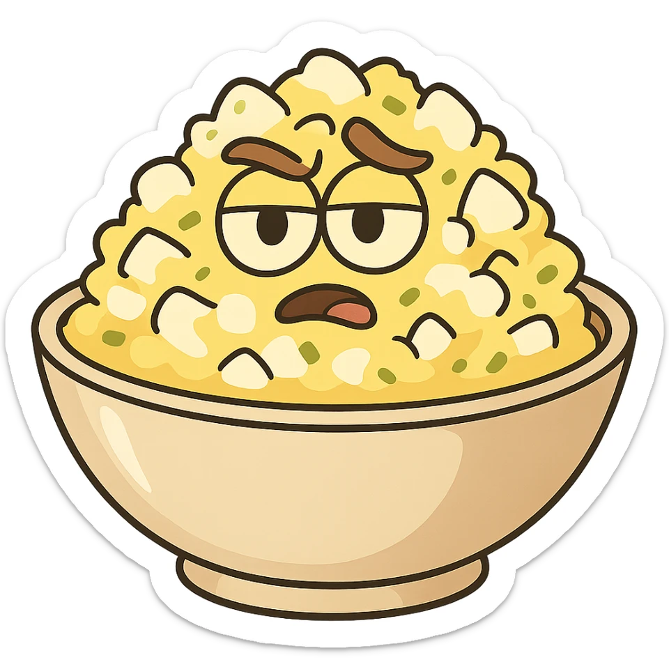 egg salad served in a bowl, yellow and white colors, clean presentation, cartoon style sticker