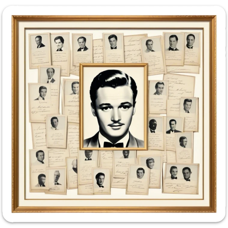 Icon for Autograph Collecting: several vintage framed with signatures of famous celebrities sheets stacked one on top of the other, each . The icon should evoke the charm and history of collecting autographs. Transparent background. sticker