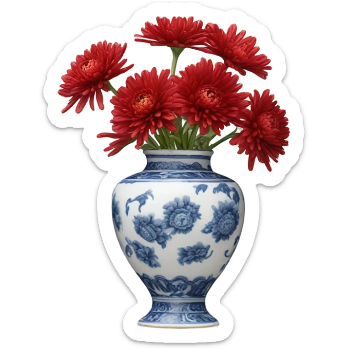 A Victorian oil painting of red chrysanthemums in a delicate porcelain vase on a lace-covered table. sticker