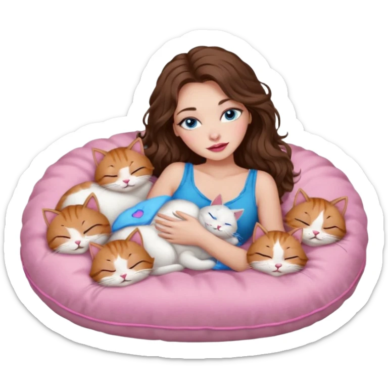 girl with long wavy brown hair, blue eyes, long lashes makeup, sexy pink lips, sleeping on a cozy pillow with 6 cats sticker