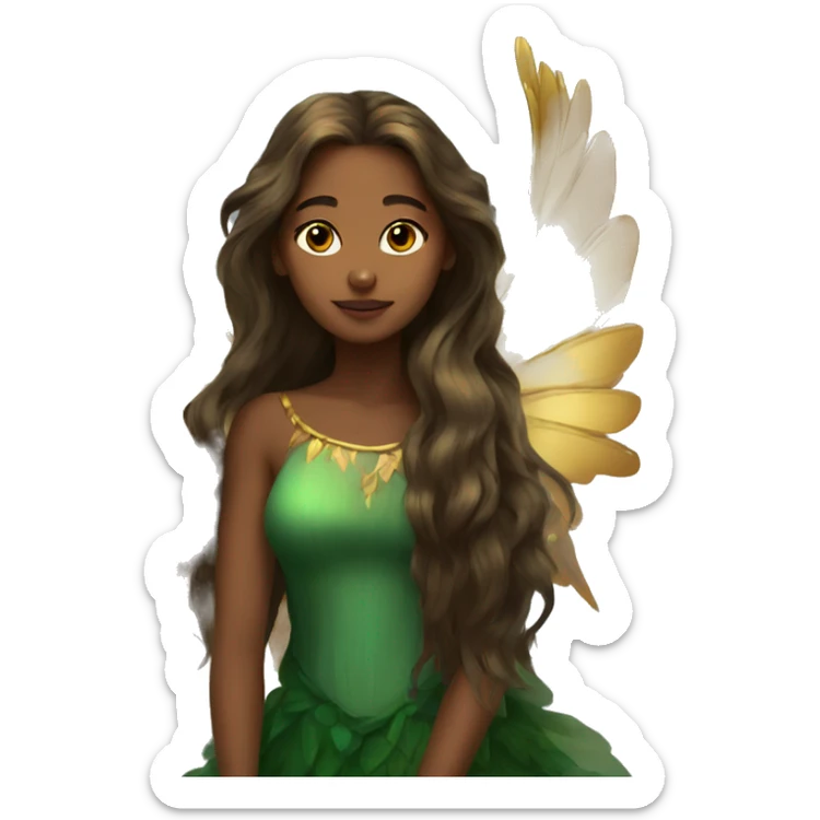 big wings, Beautiful, fairy, gold, brown, dark green, green, long hair sticker