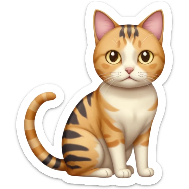 full body calico tabby cat with skinny head and fat body with an anxious face sticker