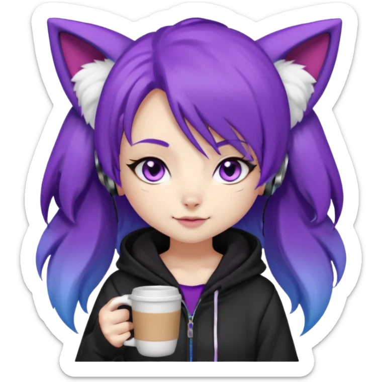 chibi fox girl with purple hair , purple fox ears, purple fox tail, black hoodie, blue eyes with head phones around her neck and white shorts, generate her looking smug holding a large coffee cup sticker