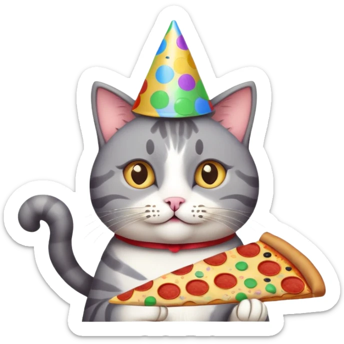 cat with a party hat, confetti around, holding a slice of pizza, college party vibe sticker