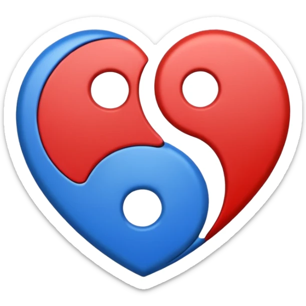 Make a yin yang like heart emoji with the colors being blue and red and no white parts, with two holes and not three sticker