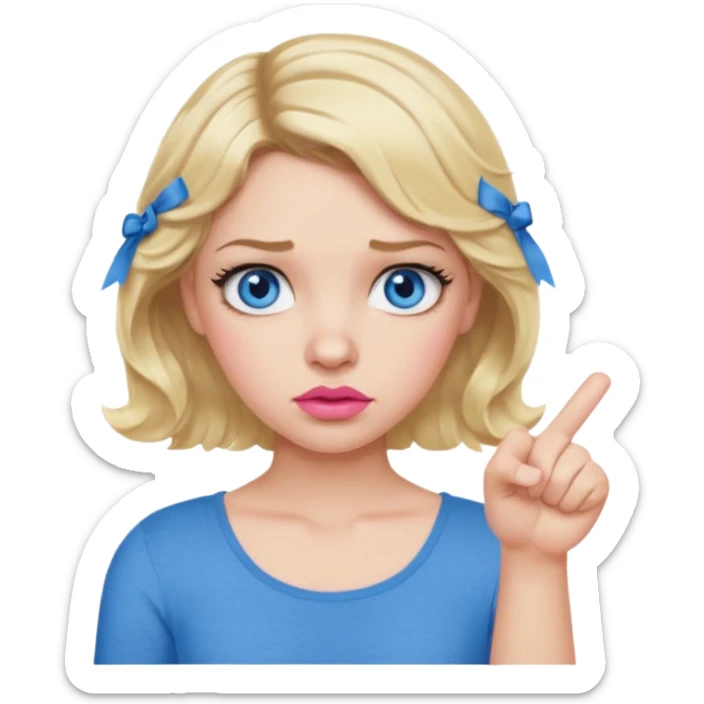 Girl Blonde short wavy hair,  blue eyes, cute blue top, long lashes, pink lips, thumbs down  sticker